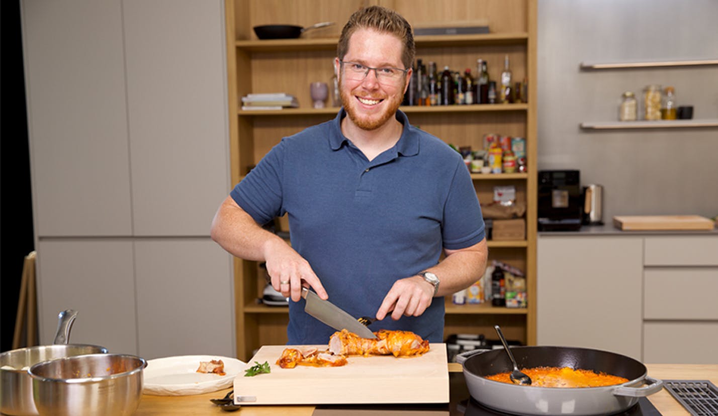 WÜSTHOF Employee Recipes: Bacon-Wrapped Pork in Creamy Tomato Sauce with Cauliflower & Mashed Sweet Potatoes