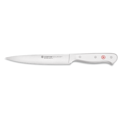 Gourmet 6" Utility Knife with a tapered, forged stainless steel blade and a sturdy white synthetic handle secured with three rivets and a red emblem.