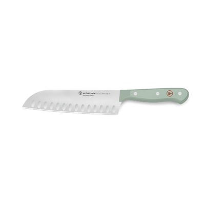 Gourmet 7" Hollow Edge Santoku with a forged stainless steel blade featuring hollow indentations and a pale green synthetic handle with three rivets and red emblem.