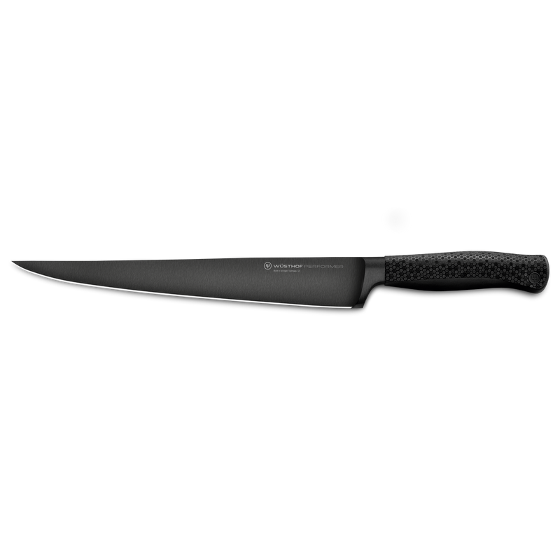 The image shows a 2-piece knife set with one large carving knife and one smaller santoku knife, both with black handles and stainless steel blades.