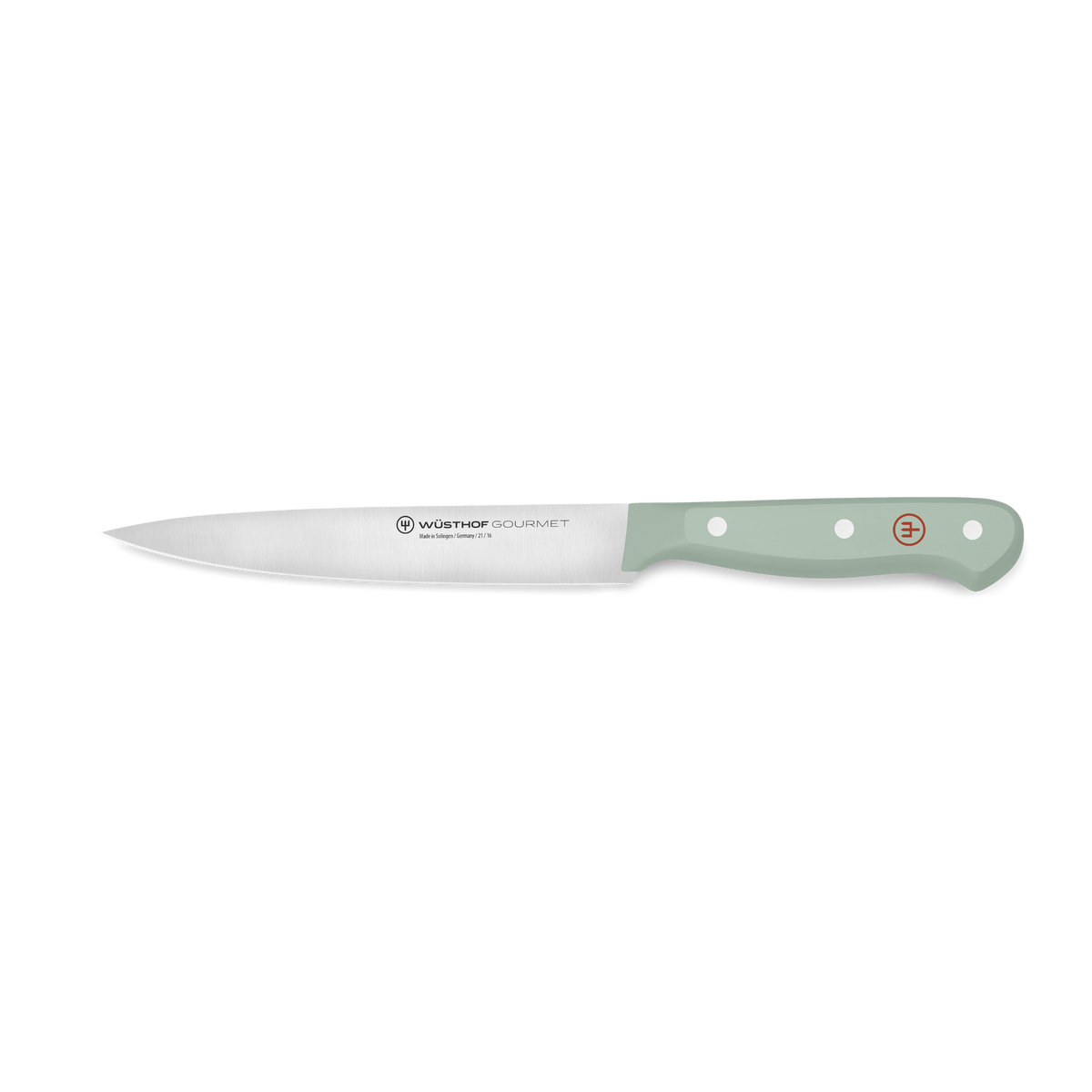 Gourmet 6" Utility Knife with a slender, forged stainless steel blade and a durable light green synthetic handle with three rivets and a red emblem.