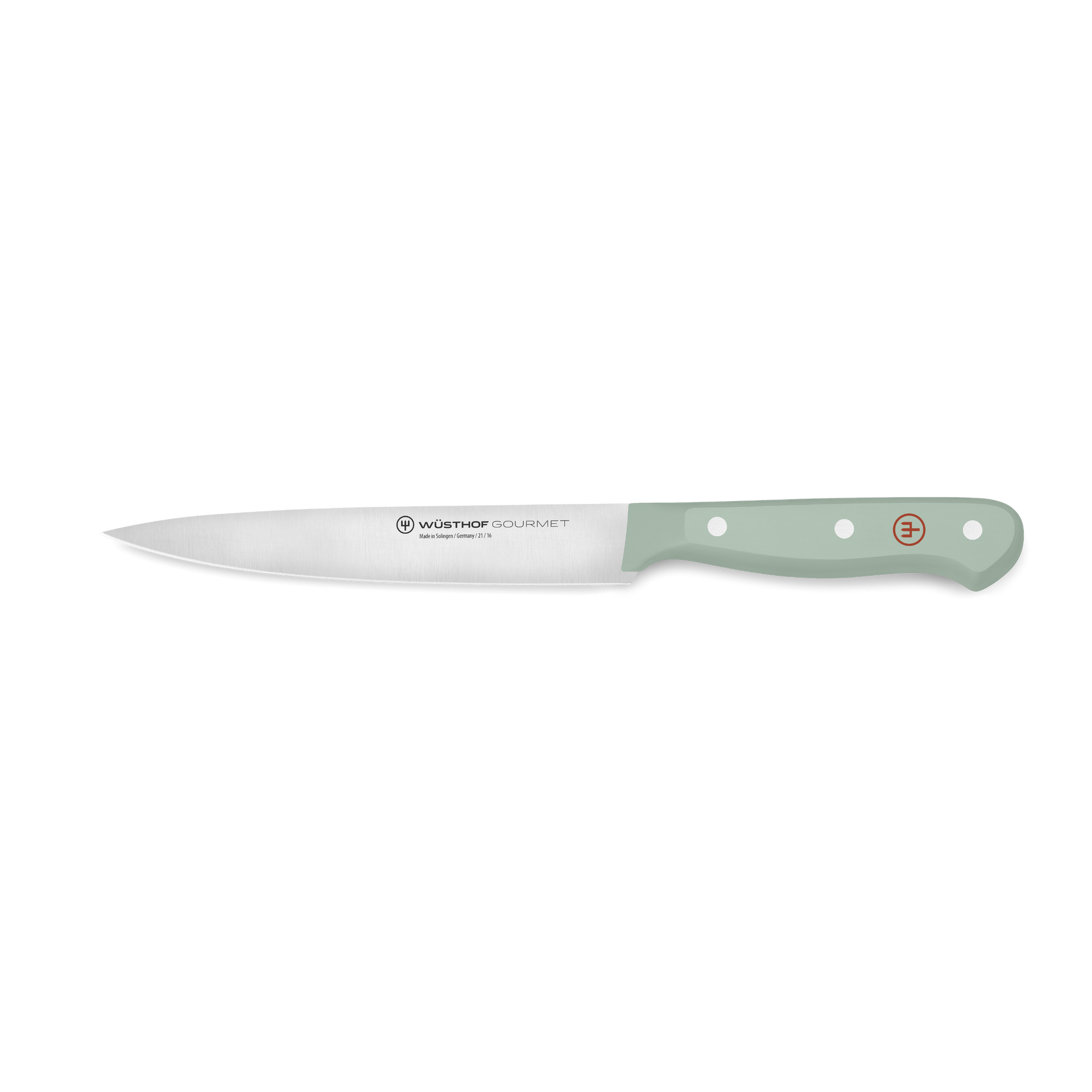 Gourmet 6" Utility Knife with a slender, forged stainless steel blade and a durable light green synthetic handle with three rivets and a red emblem.