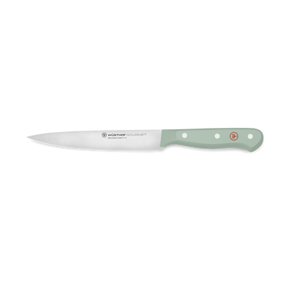 Gourmet 6" Utility Knife with a slender, forged stainless steel blade and a durable light green synthetic handle with three rivets and a red emblem.