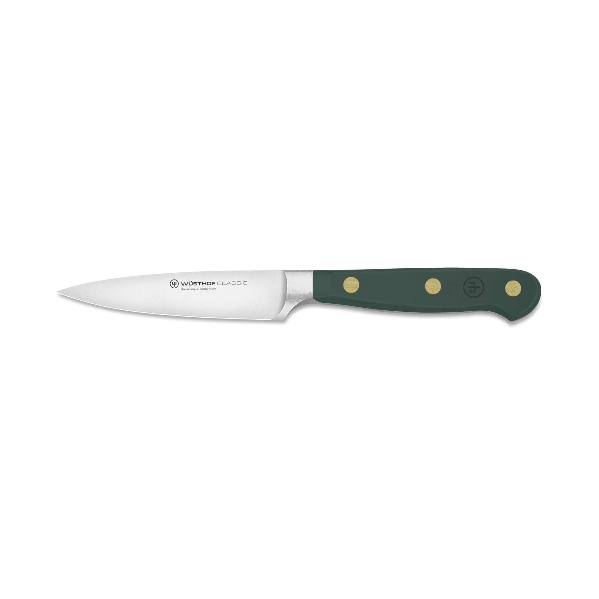Knife with a green handle on a white background