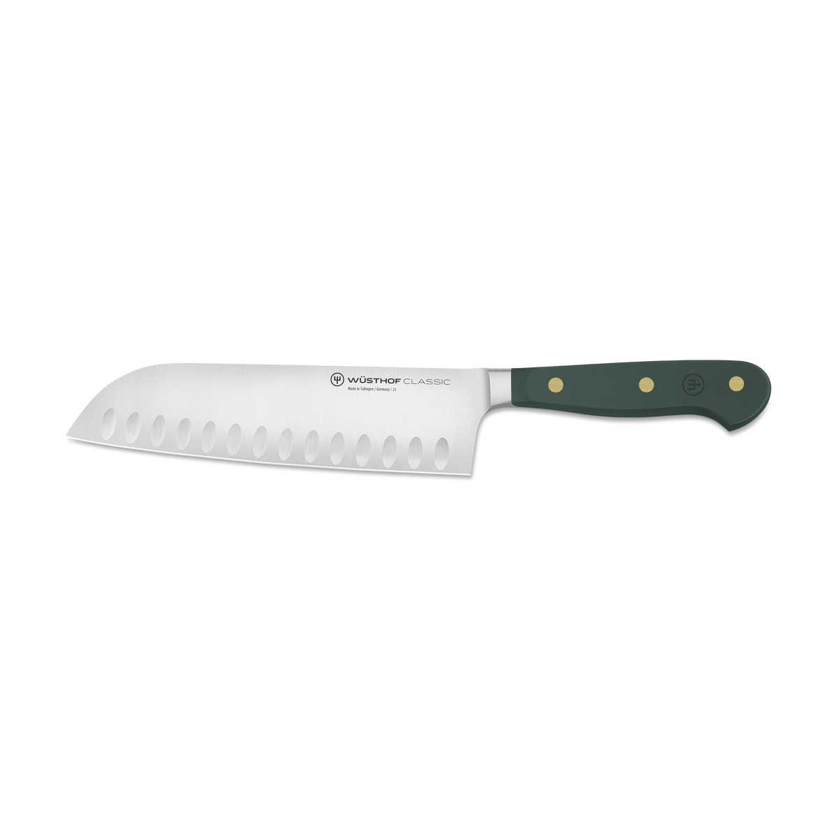 Serrated knife with a green handle on a white background