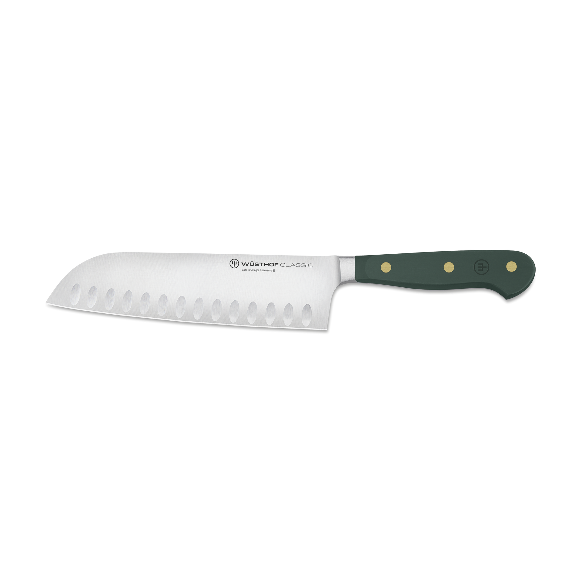 Serrated knife with a green handle on a white background