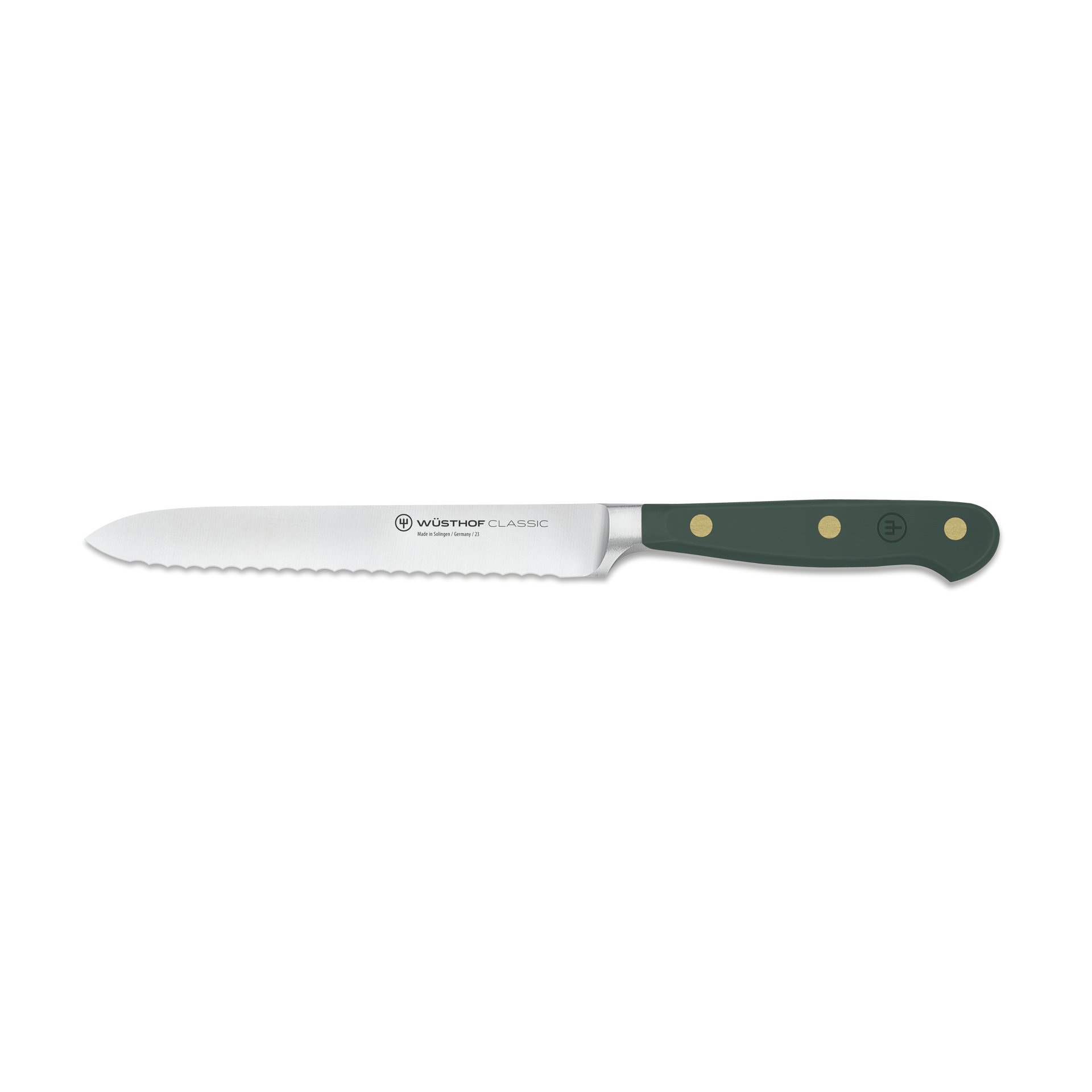 Serrated knife with green handle on a white background
