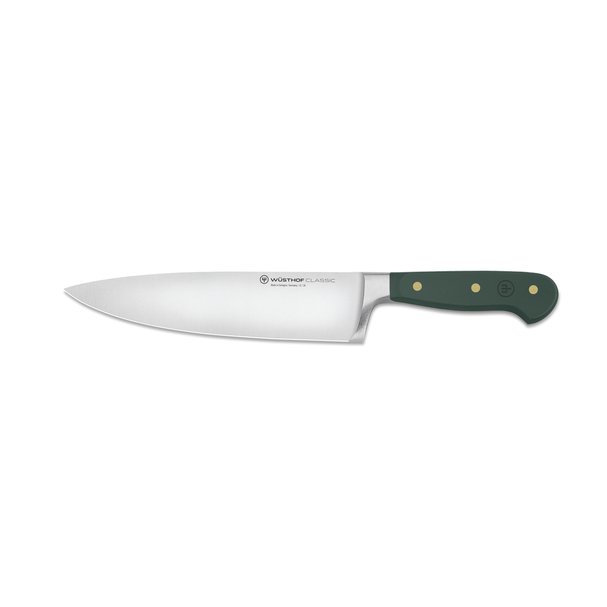 Chef's knife with a green handle on a white background