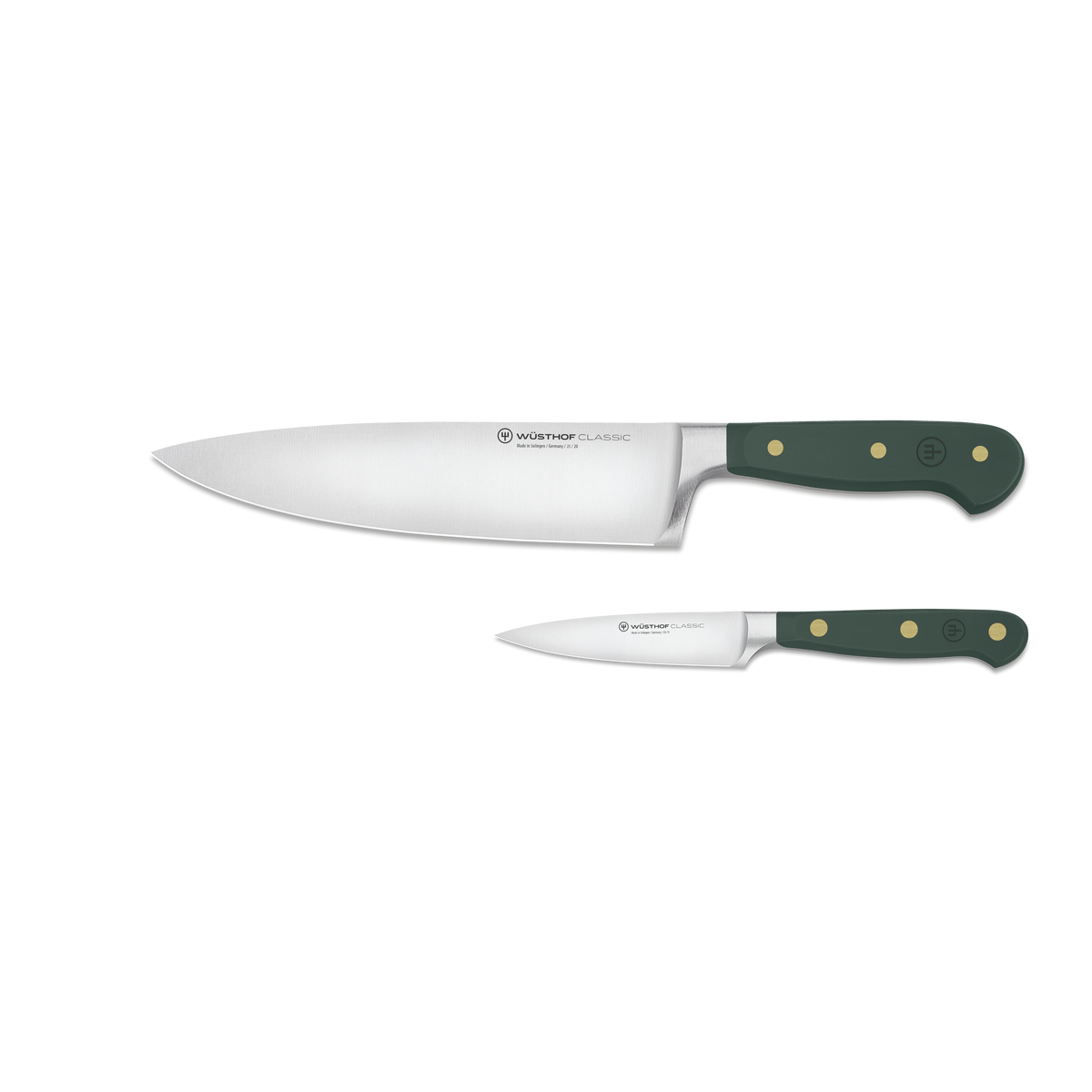 Two knives with green handles on a white background