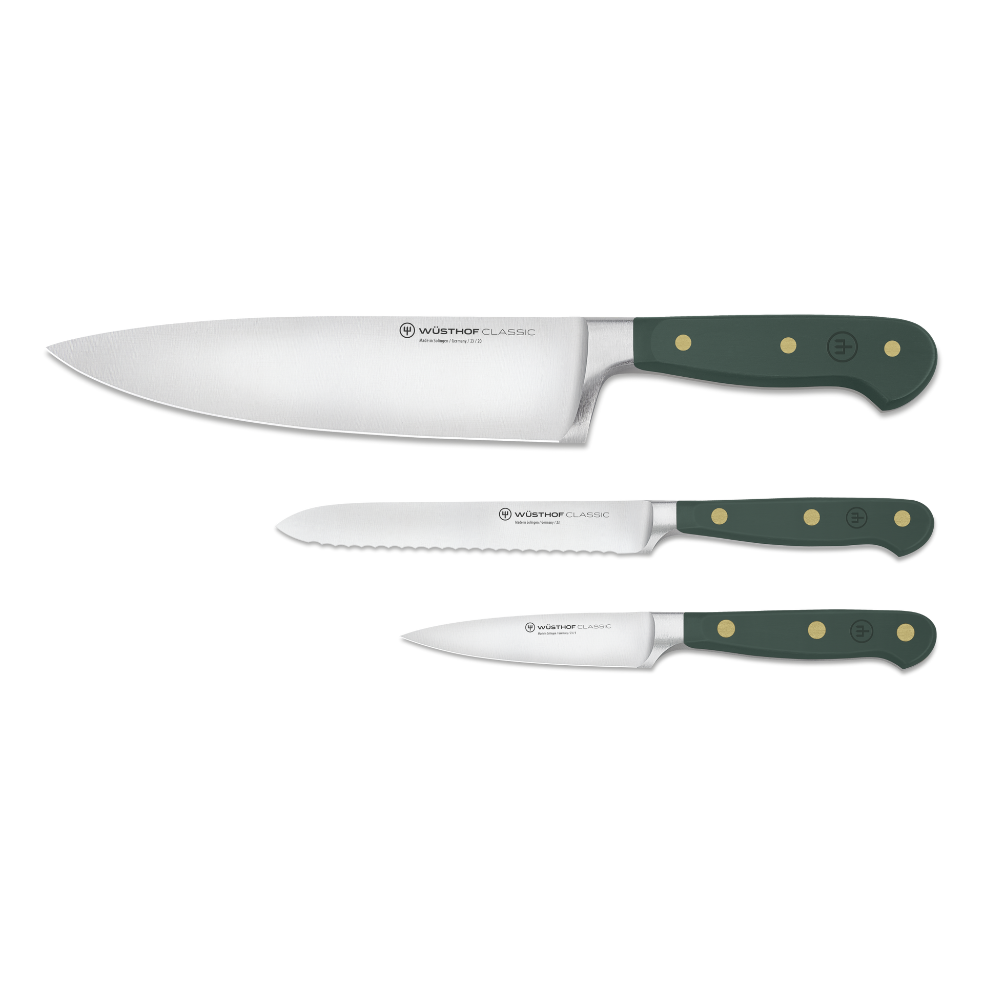 Set of three knives with green handles on a white background