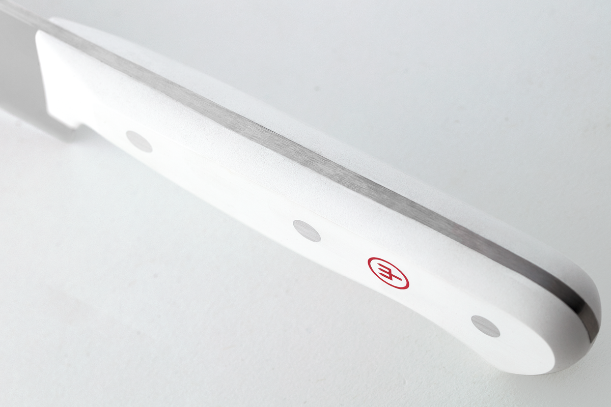 White electronic device with a red logo on a light gray background