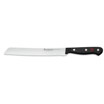 Gourmet 8" Bread Knife with a serrated stainless steel blade and a black synthetic handle secured by three rivets and a red emblem for clean slicing.