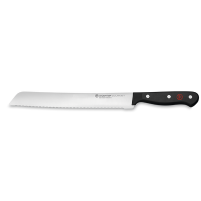 Gourmet 9" Bread Knife featuring a long serrated stainless steel blade and a black synthetic handle with three rivets and a red emblem for precise slicing.
