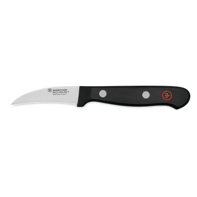 Gourmet 2 1/4" Peeling Knife with a curved stainless steel blade and a black synthetic handle secured by two rivets featuring a red emblem.