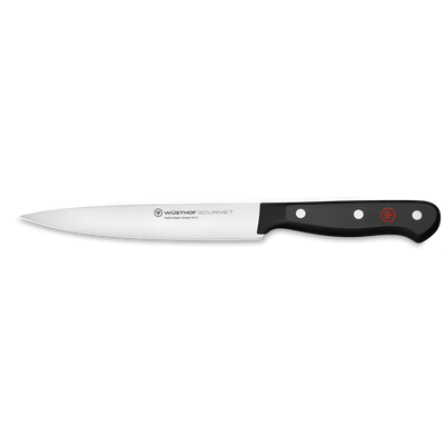 Gourmet 6" Utility Knife with a slim, forged stainless steel blade and a sturdy black synthetic handle featuring three rivets and a red emblem.