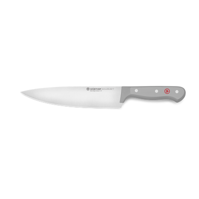 Gourmet 8" Chef's Knife featuring a forged stainless steel blade and smooth gray synthetic handle with three rivets and a red emblem for precise cutting.