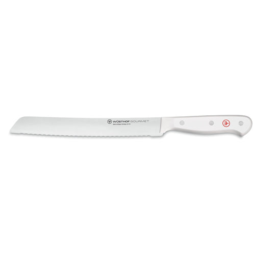 Gourmet 8" Bread Knife with a serrated stainless steel blade and smooth white synthetic handle secured by three rivets featuring a red WÜSTHOF emblem.