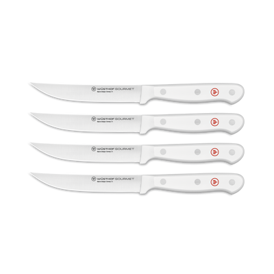 Gourmet 4-Piece Steak Knife Set featuring sharp forged German steel blades with triple-riveted white ergonomic handles for comfortable, precise slicing.