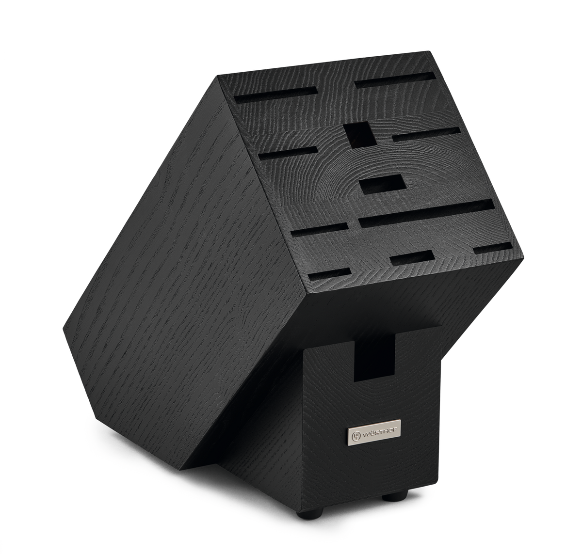 12-Slot European Knife Block in dark wood with angled slots designed to securely organize and store a variety of forged kitchen knives.