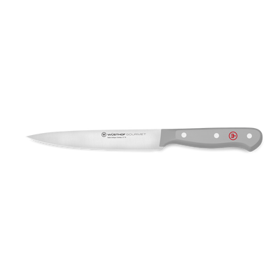 Gourmet 6" Utility Knife featuring a slim, precision-forged stainless steel blade and a light gray synthetic handle with three rivets and a red emblem.